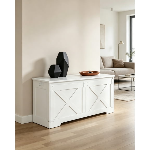 42.9" Storage Chest, Large Storage Trunk with 2 Hinges, Farmhouse Wooden Box Bench, Lift-Top Organizer Chest, Entryway Trunk for Bedroom, Living Room, White