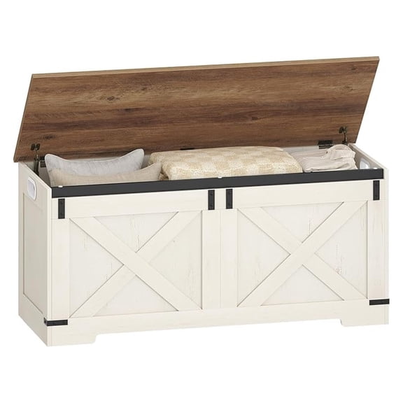 42.9" Storage Chest, Large Storage Trunk with 2 Hinges, Farmhouse Wooden Box , Lift-Top Organizer Chest, Entryway Trunk for Bedroom, Living Room, White and Brown SB10914X