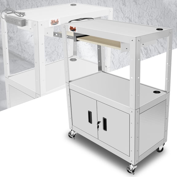 42" Adjustable Steel Media AV Cart Power Strip USB Ports Lockable Cabinet Office
