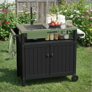 TORVA 42" All-in-One Outdoor Kitchen Cart - Stainless Steel Sink & HDPE Storage Cabinet with Cover (Black)