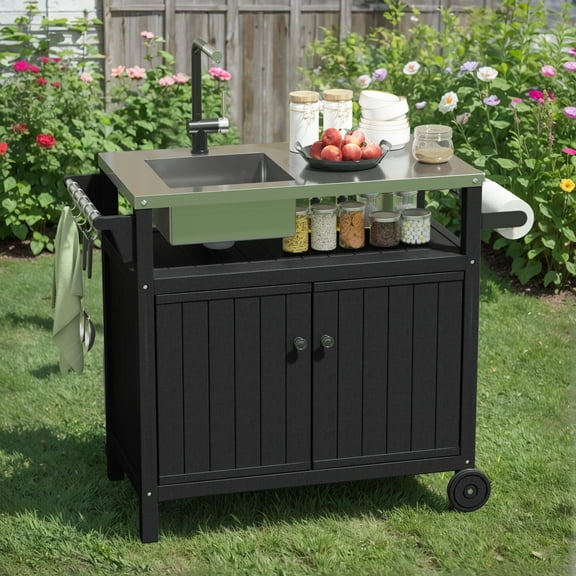 TORVA 42" All-in-One Outdoor Kitchen Cart - Stainless Steel Sink & HDPE Storage Cabinet with Cover (Black)
