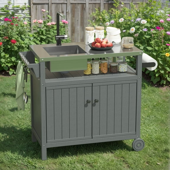 TORVA 42" All-in-One Outdoor Kitchen Cart - Stainless Steel Sink & HDPE Storage Cabinet with Cover (Gray)