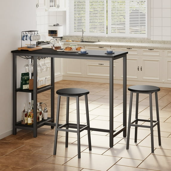 Aiho 3-Piece Bar Table Set with 3 Storage Shelves for Dining Room, Black