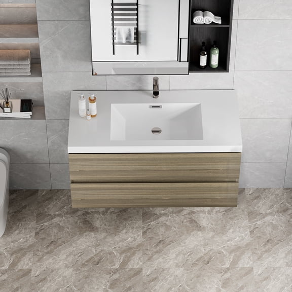 42" Bathroom Wall Mounted Vanity, Floating Vanity Cabinet with Resin Top Basin and Soft Close Drawers , Freestanding Bathroom Storage Cabinet, Grey
