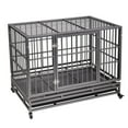 42" Black Heavy Duty Metal Dog Crate with Wheels Flat Top