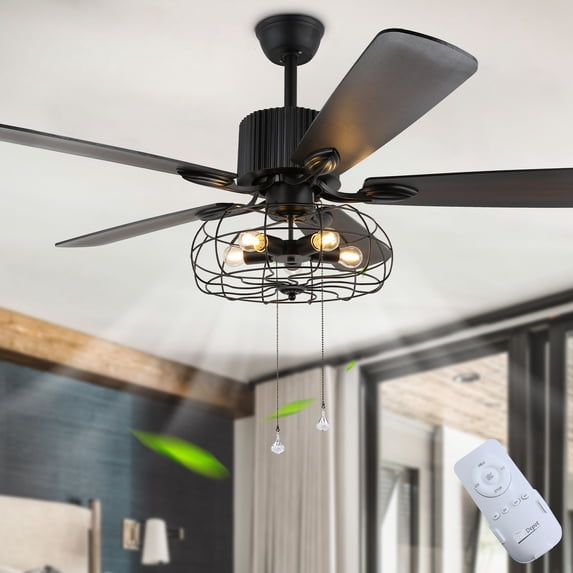 42" Black Industrial Metal Caged Ceiling Fan with Remote Control and Light Kit, 3-Speed Reversible Ceiling Fan