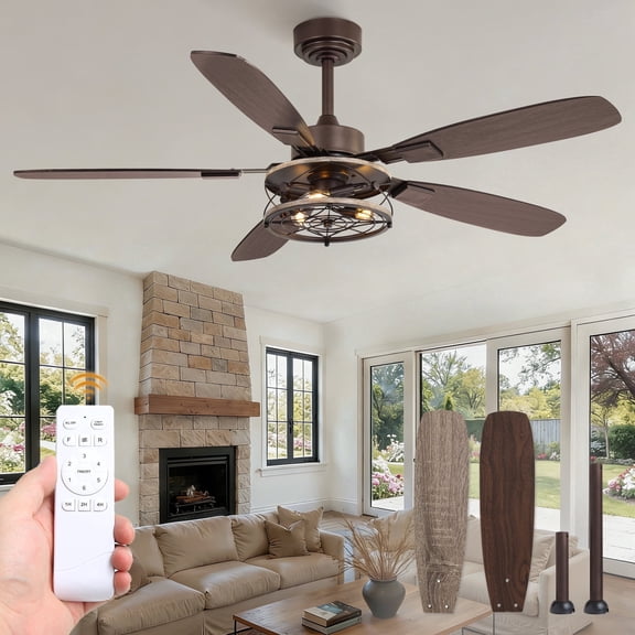 Lokivas 52" Farmhouse Ceiling Fan with Light and Remote, Industrial Caged Flush Mount, 6-Speed Reversible DC Motor, 5 Dual-Finish Blades for Living Room, Bedroom, Oil Bronze