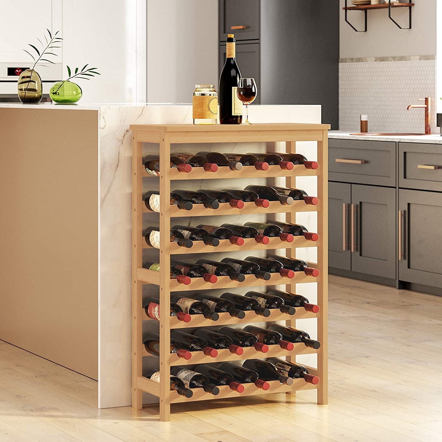 Natural Bamboo 42-Bottle Free Standing Wine Rack with Table Top