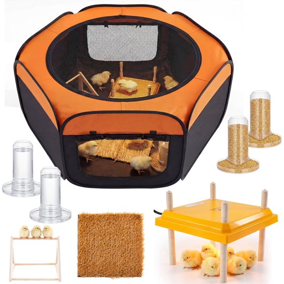 42 in Brooder Box for Chick, 7-in-1 Chick Starter Kit, Includes 1010 in Heating Brooder Plate, Baby Chicken Pen, 2pcs Chicken Feeder, 2pcs Waterer, Perch, Nesting Pad up to 15 Chicks, Duck, Quail