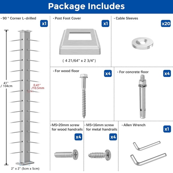 42" Brushed Corner Post for Deck Cable Railing Kit System, Stainless Steel T304 Fixed Top One-Post Corner Solution, Surface Mount Brushed Heavy-Duty Handrail Deck Corner Post with Cable Sleeves