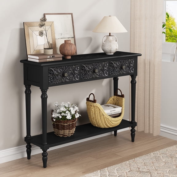 42"Carved 3-Drawer Console Table With Storage Shelf