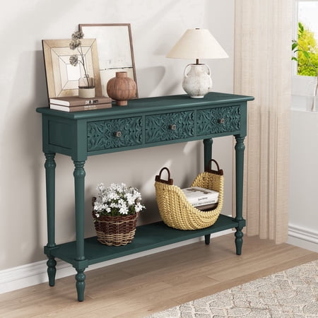 JOEMEY 42 Inch Carved 3-Drawer Console Table with Storage Shelf