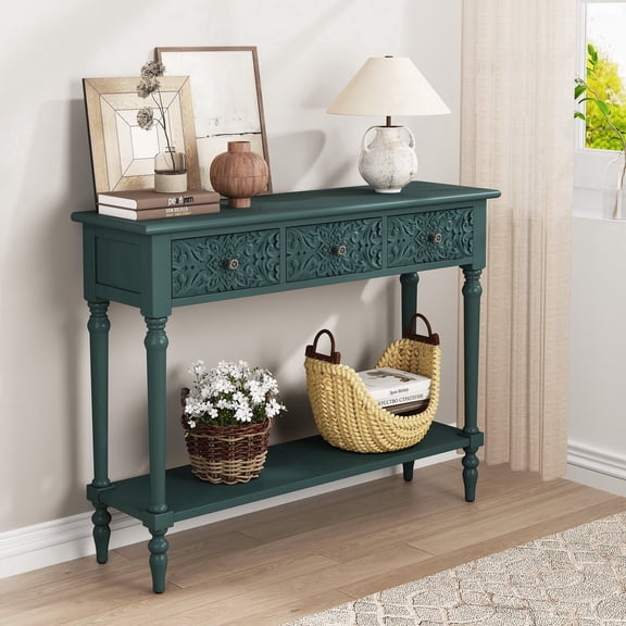 JOEMEY 42 Inch Carved 3-Drawer Console Table with Storage Shelf