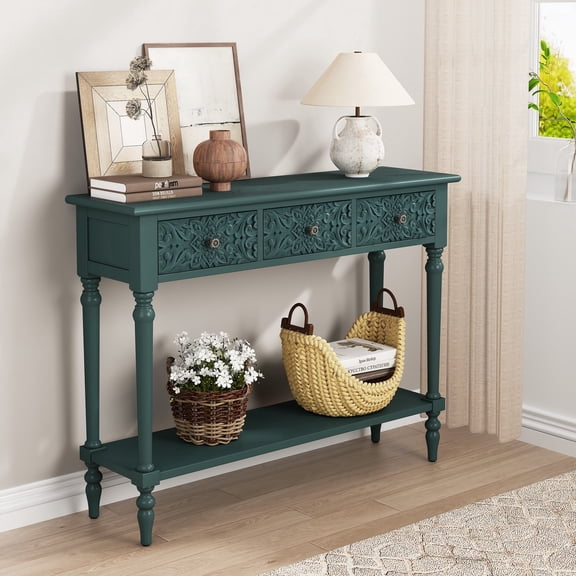 42"Carved 5-Drawer Console Table With Storage Shelf