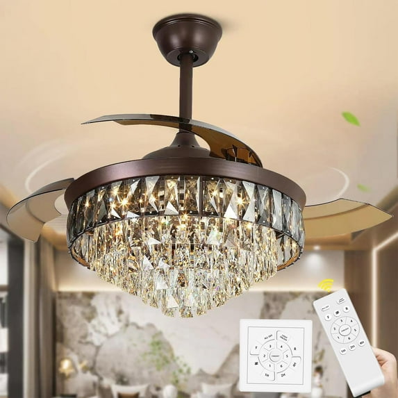 42"Chandelier Ceiling Fan Retractable Ceiling Fans with Lights and Remote Control 6 Speed 3 changable LED light Crystal Ceiling Fan Modern Light for Bedroom Indoor Living Room