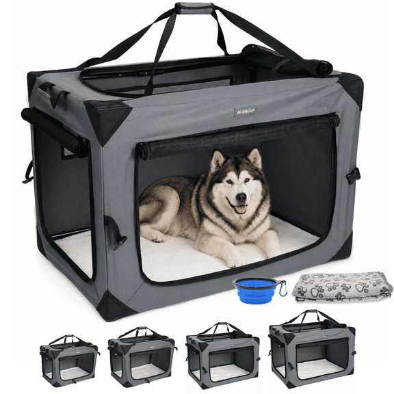 42'' Collapsible Soft Dog Crate, Portable Travel Pet Kennel with 3 Zip Doors, Foldable Indoor Outdoor Crate with Soft Blanket Foldable Bowl