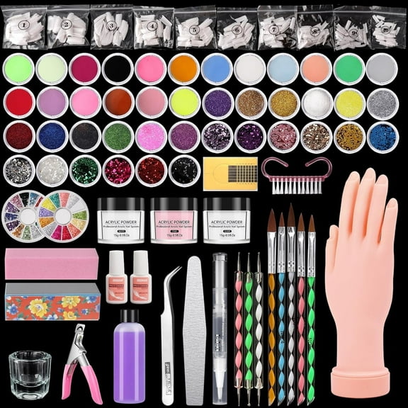 42-Color Acrylic Powder Kit with Practice Manikin Hand for Nail Art Training (Beginner-Friendly Acrylic Nails Set)