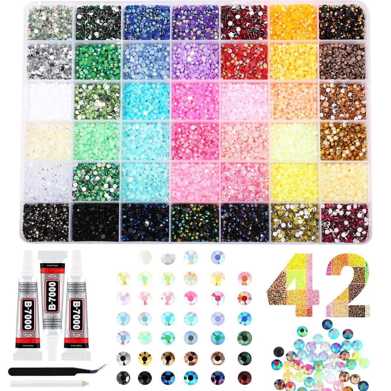 42 Colors Resin Jelly Rhinestones for Crafts, 3mm 32000 PCS Flatback Gems Bedazzling Kit with 3Pcs B7000 Glues for Clothing, Shoes, Nails, DIY Art