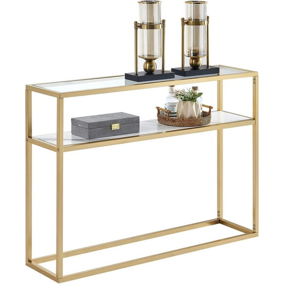 42'' Console Tables for Entryway, 2 Tiers Glass Faux Marble Sofa Tables Entryway Table for Living Room, Gold Entrance Table Entry Table, Foyer Tables w/Metal Frame, Behind Couch Table for Hallway