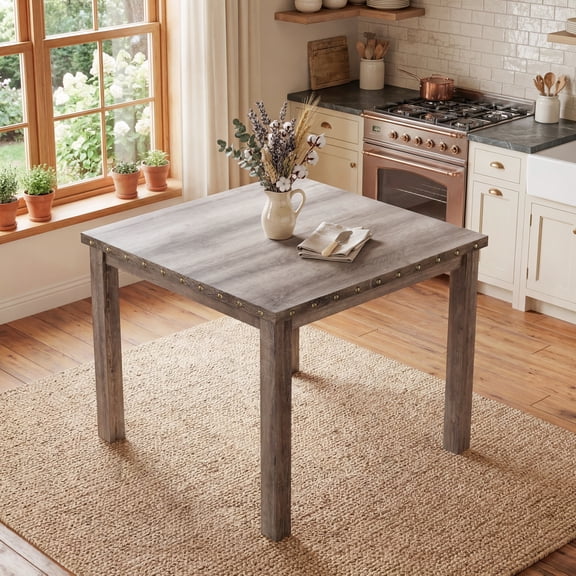 42" Counter Height Dining Table, Farmhouse Square Table with Nailhead Accents and Rubberwood Legs, Rustic Bar Table for Dining Room, Kitchen Island