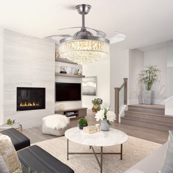 42" Crystal Ceiling Fan with Lights, Retractable Invisible Fandelier Ceiling Fan Chandelier with Remote Control LED for Bedroom Living Room Polished Modern Chrome Silver