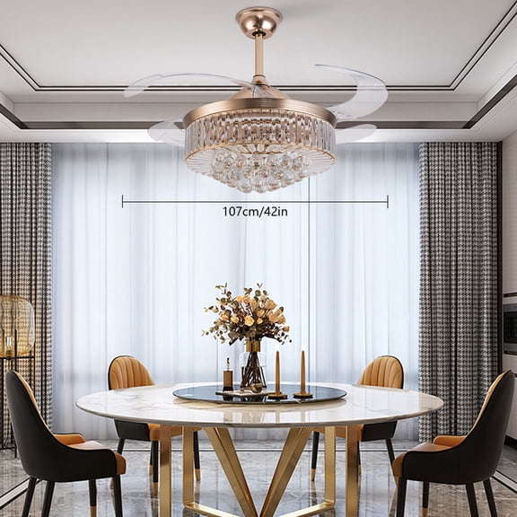 42" Crystal Chandelier Invisible Ceiling Fan Light Lamp 3-Color LED w/Remote