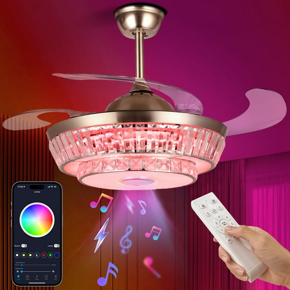 42" Crystal Fandelier Ceiling Fan with Remote Bluetooth Speaker Modern Sliver Chandelier Ceiling Fan Dimmable RGB Colors Retractable Blades for Dinning Room Bedroom