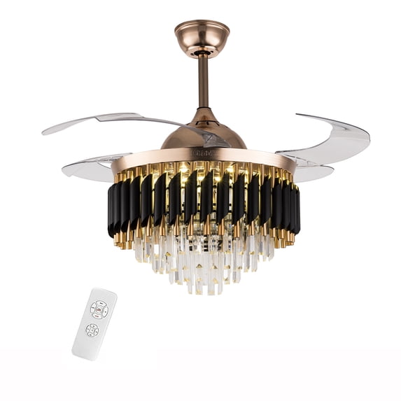 42" Crystal LED Ceiling Fan Light, Retractable Blades, 2-way RotationBlack, Chandelier with Remote Control for Indoor 85-265V