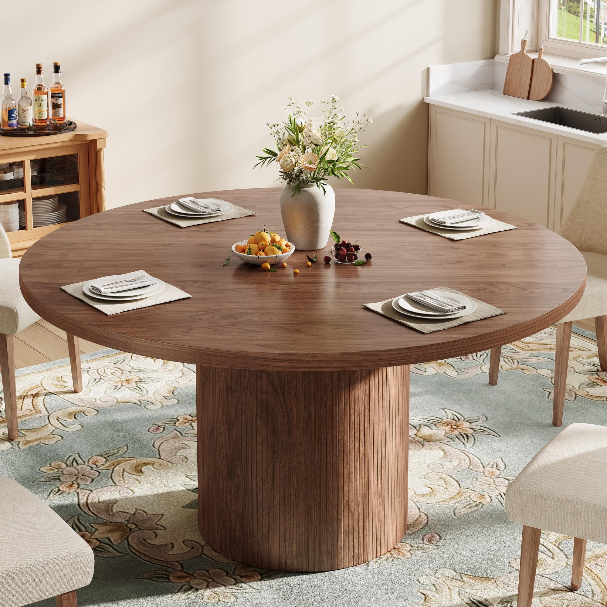 Dining Table for 4, LEGAHOME 47in Round Kitchen Table with 1.1in Thick Tabletop, Wood Circle Pedestal Table for Dining Room, Walnut(Only Table)