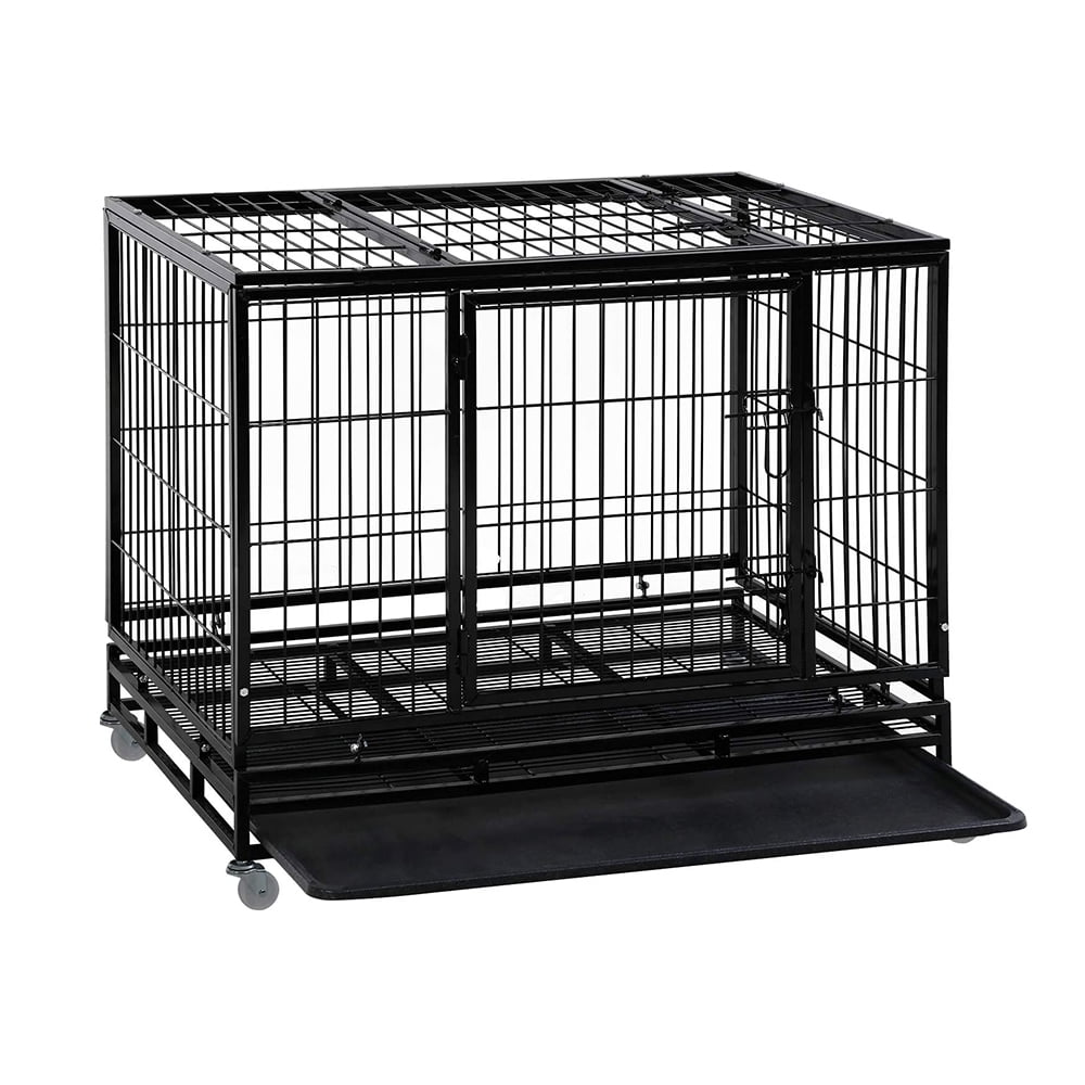 42" Dog Crate, Dog Kennel with Plastic Tray and Door Latch, Pet Cage