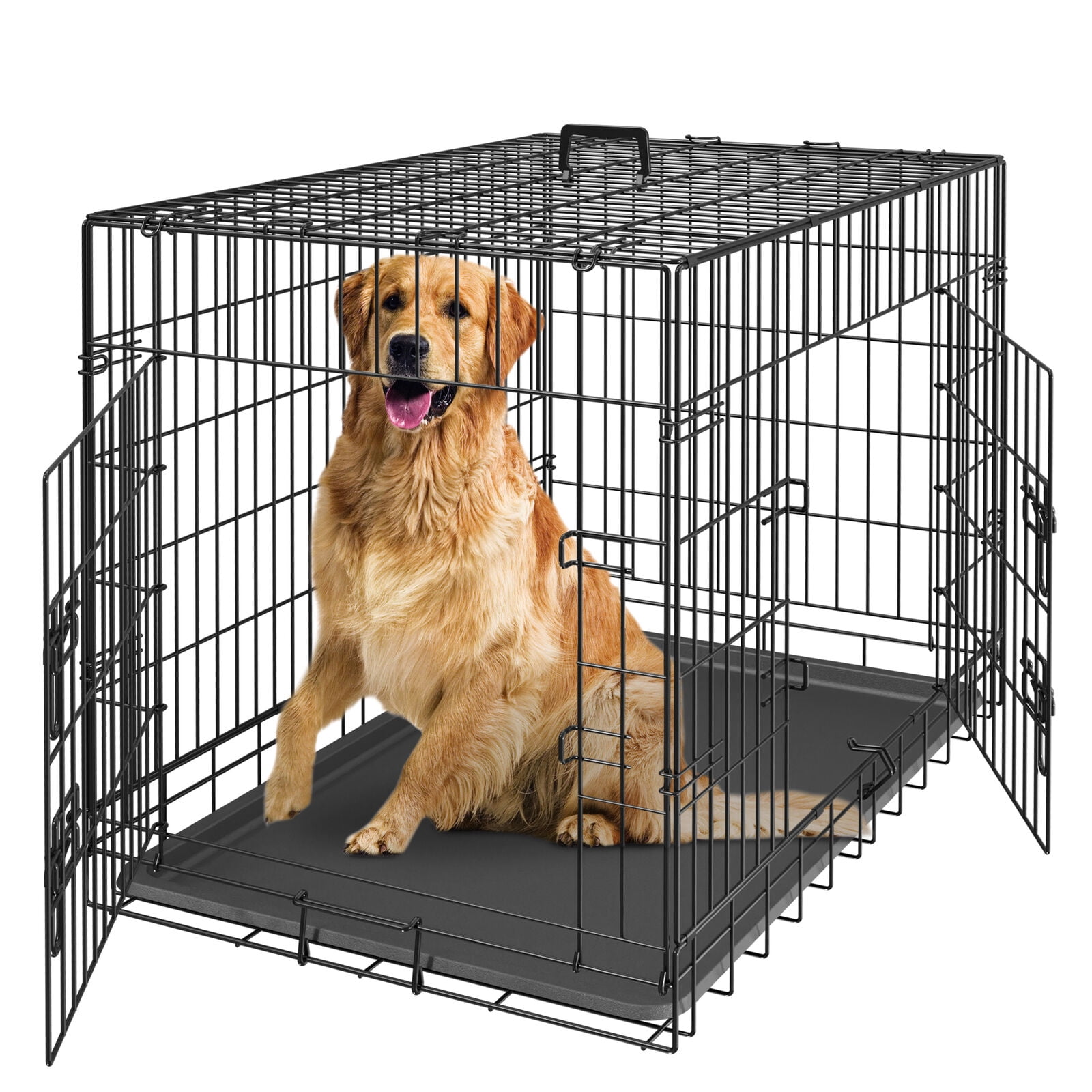 42" Dog Crate Kennel Folding Metal Pet Cage 2 Door With Tray Pan Black