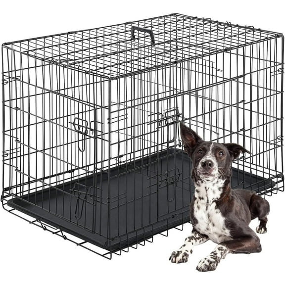 42" Dog Crate for Large Breed Puppies, Secure Double Door Metal Kennel with Divider Panel, Leak-Proof Tray for Indoor Training