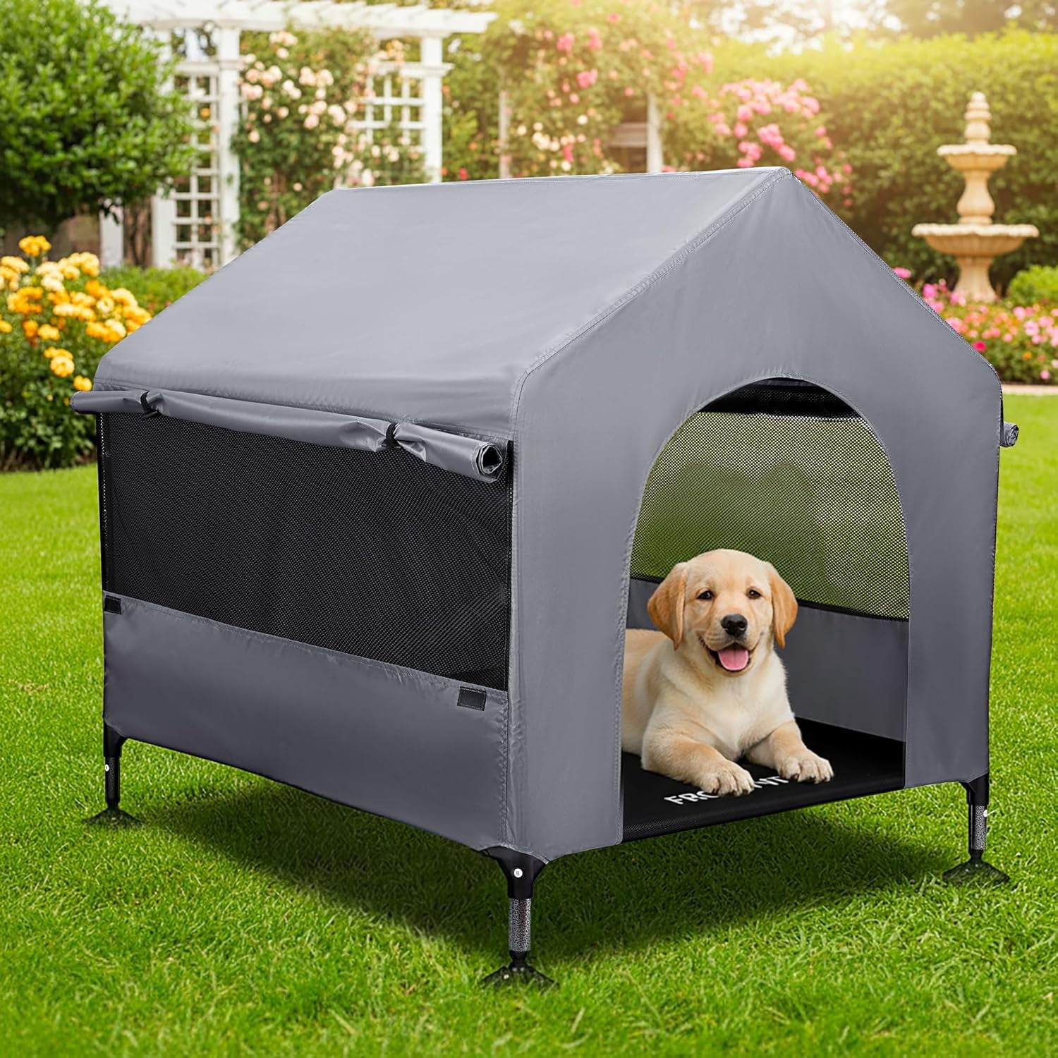 42" Dog House Outdoor Indoor with Breathable Mesh Windows, 2-in-1 Outside Dog House Elevated Dog Bed Cot Dog Tent Shade Shelter, Easy to Assemble & Clean (42 INCH)