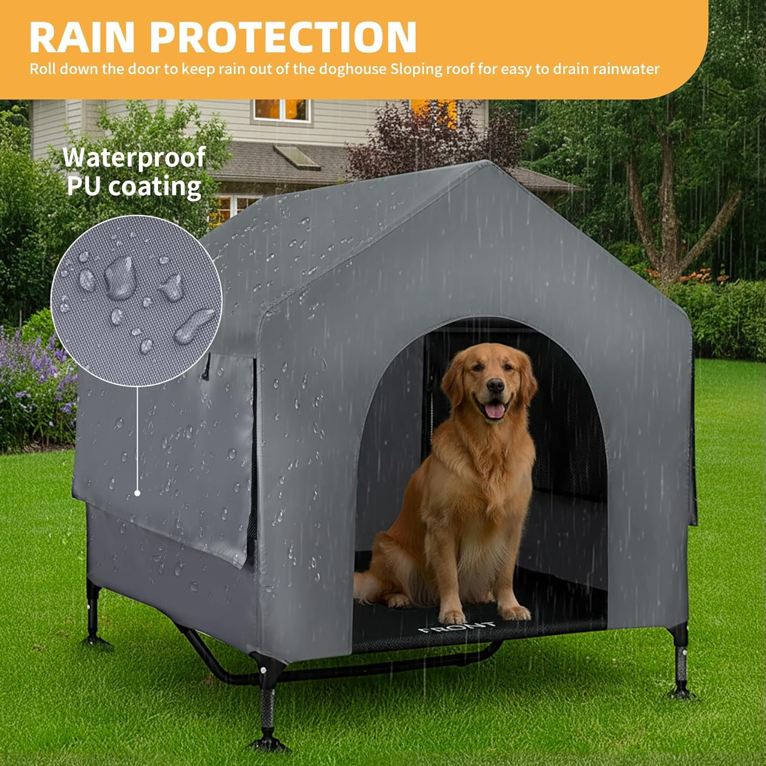 42" Dog House Outdoor Indoor with Breathable Mesh Windows, 2-in-1 Outside Dog House Elevated Dog Bed Cot Dog Tent Shade Shelter, Easy to Assemble & Clean (42 INCH)