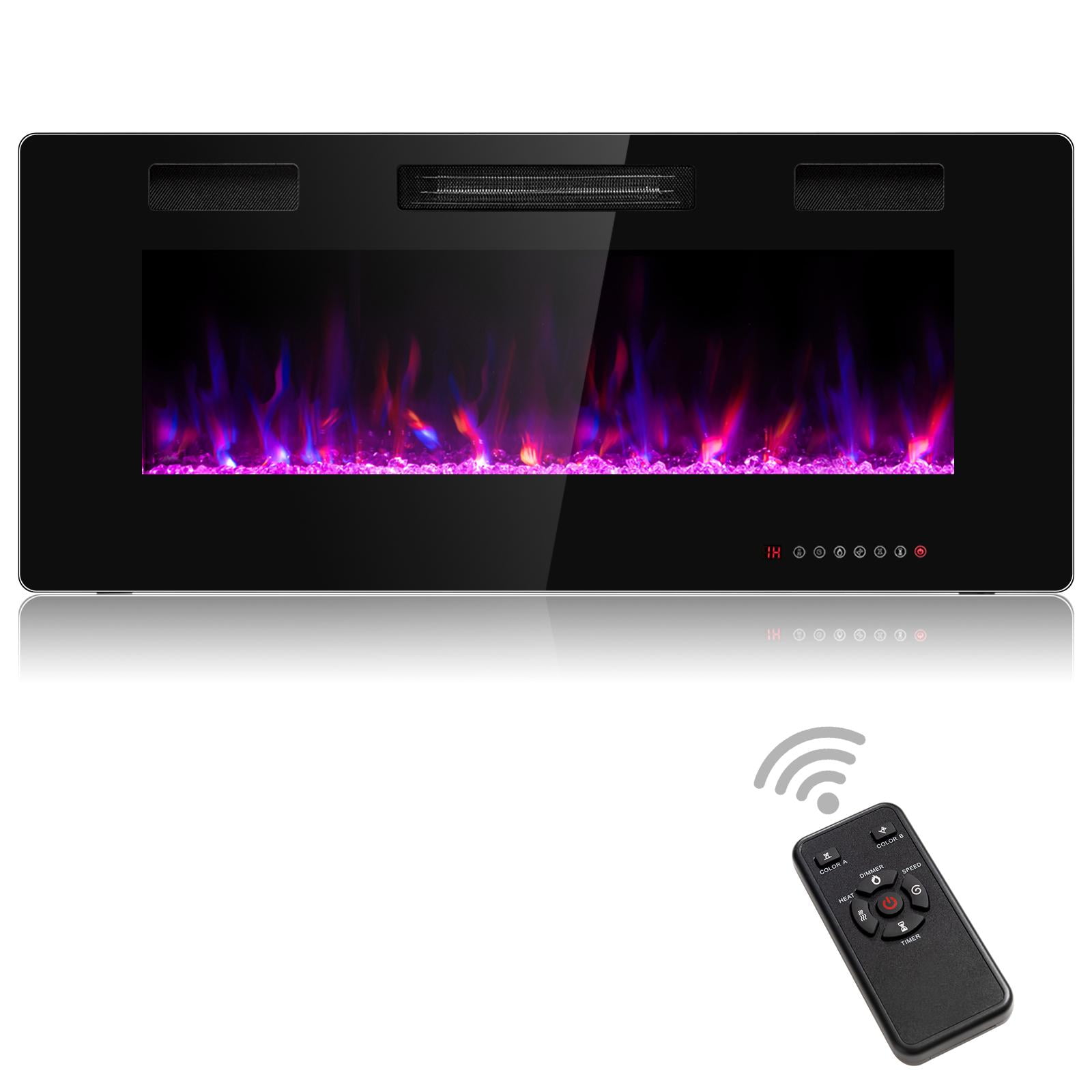42" Black Tempered Glass Wall Mounted Electric Fireplace with Remote