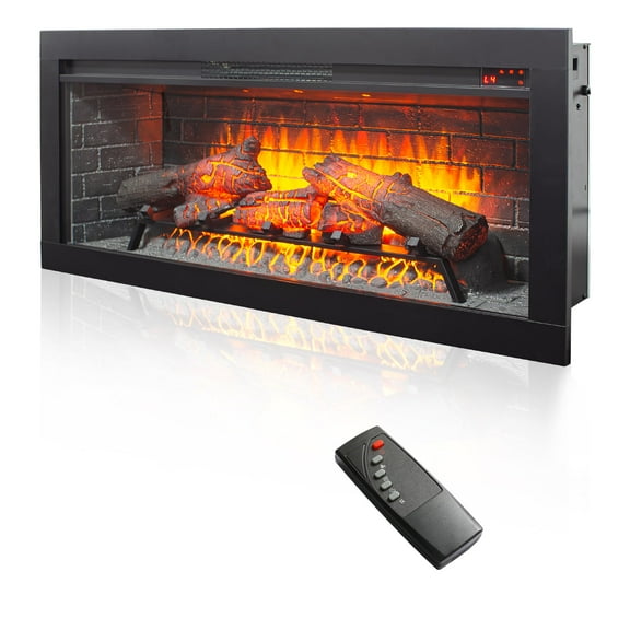 42" Electric Fireplace Insert, Adjustable Thermostat & Flame Brightness, Remote Control, 8H Timer, 1500W Fireplace Heater with Removable Trim Kit, Black