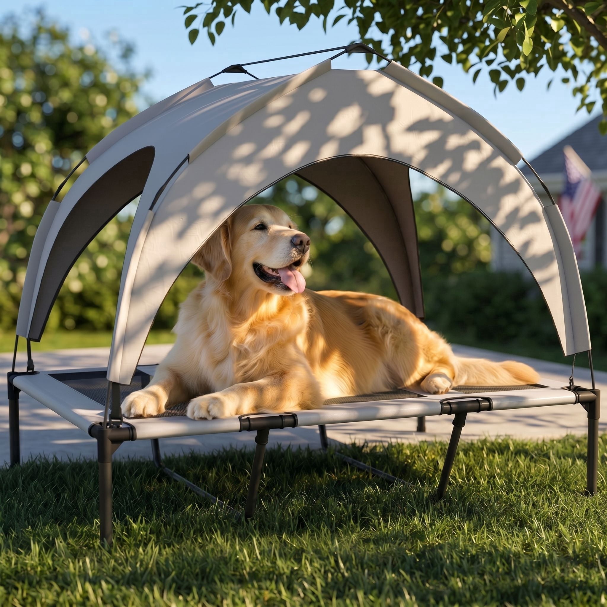 42" Elevated Dog Bed with Canopy, Raised Outdoor Pet Bed for Large Dogs with Portable Carry Bag & Cooling Mesh, Light Gray