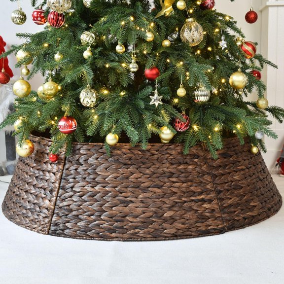 42" Extra Large Brown Woven Hyacinth Wicker Christmas Tree Collar, Rustic Farmhouse Tree Basket for 9 ft/10 ft/12 ft Tree, Easy to Assemble Tree Skirt Collar