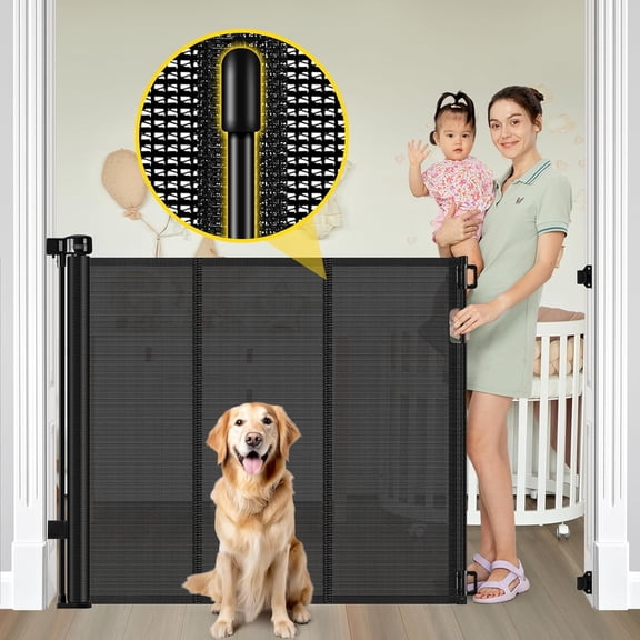 42” Extra Tall Retractable Baby Gates with Rods, Extends up to 60” Wide, Tall Retractable Dog Gate for Doorways Prevent Crawling Through Mesh Pet Gate Indoor Outdoor, Black