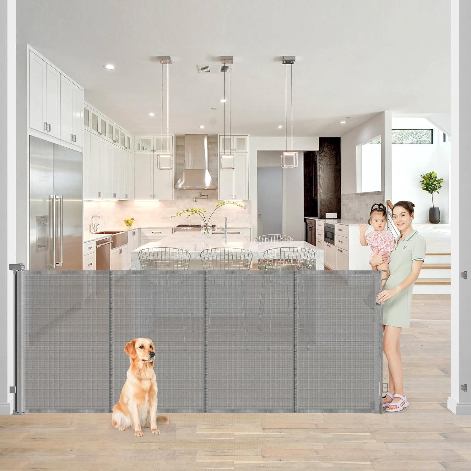 42” Extra Tall x 80” Wide Retractable Baby Gates with Rods to Prevent Crawling Through, Extra Tall Dog Gate for Large Openings Indoor Long Mesh Pet Gate for Stairs and Doorways, Gray