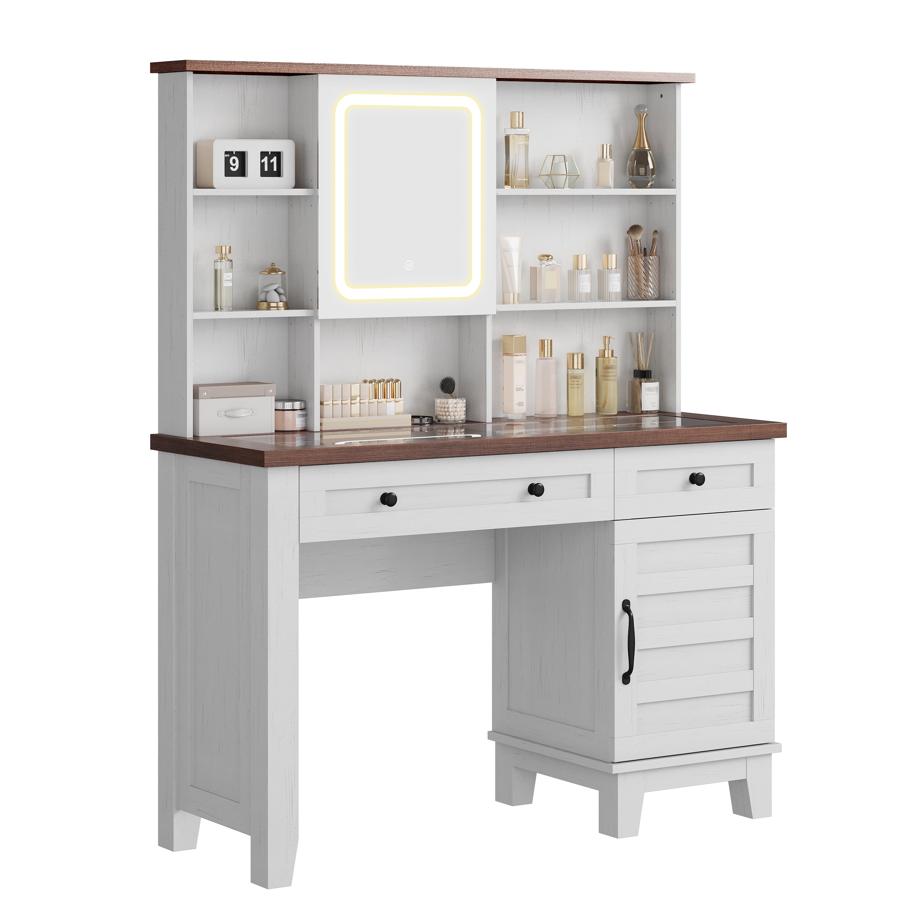 42'' Farmhouse Makeup Vanity Desk with Lighted Mirror, Glass Top, Charging Station, Storage Drawers & Cabinet, Upholstered Stool – Bedroom or Dressing Room – Brown and White