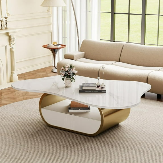 42" Faux Marble Coffee Table with Drawer, Modern Butterfly Sintered Stone Center Table with Storage Shelf, Scratch Resistant and Easy Assembly, Gold