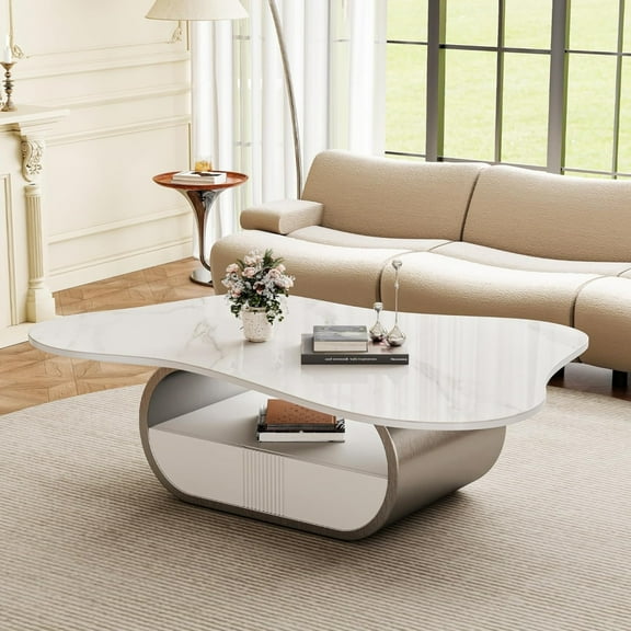 42" Faux Marble Coffee Table with Drawer, Modern Butterfly Sintered Stone Center Table with Storage Shelf, Scratch Resistant and Easy Assembly, Gray