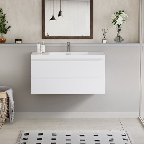 42" Glossy White MDF Floating Bathroom Vanity with Resin Sink