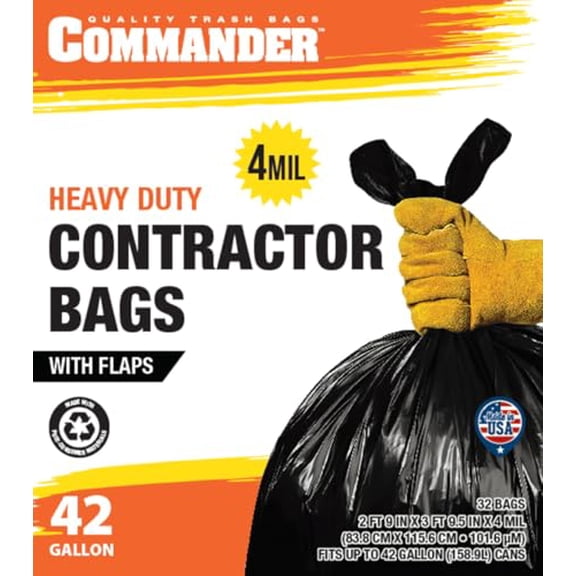 42 Gallon 4 MIL Black Heavy Duty Trash Bags - 33'' x 45'' - Pack of 32 - for Home, Kitchen, Lawn, Outdoor, Construction, & Contractor'