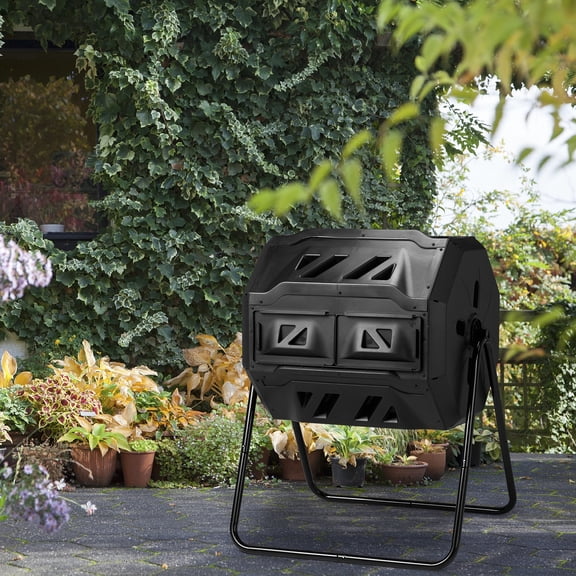 42 Gallon Dual Chamber Outdoor Compost Tumbler 360 Rotating Compost Bin with Aeration Fins Weatherproof Steel Frame for Garden Yard Waste Black