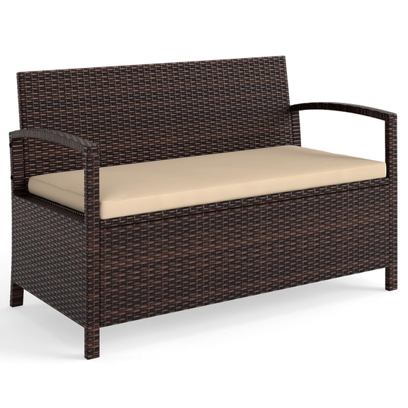 42 Gallon Outdoor Bench with Storage PE Rattan Patio Storage Box Seat with Cushion Backrest and Acacia Wood Armrests Metal Frame for Porch Backyard