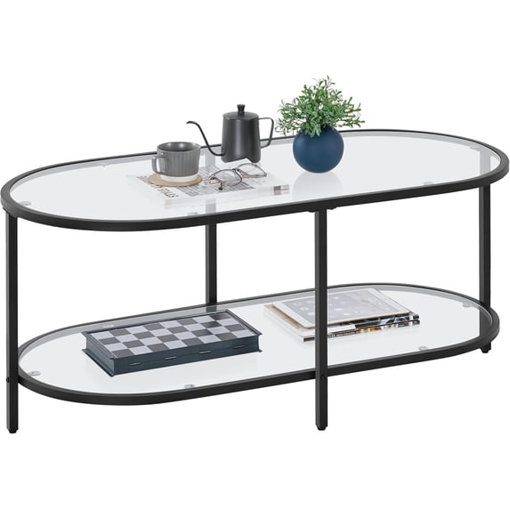 42" Glass Coffee Table, Black Small Center Table with Storage Shelf for Living Room Small Space, Apartment,Black