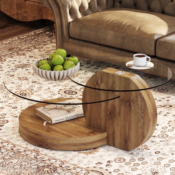 Vanress 42" Glass Coffee Table, Round Coffee Table, Modern Double Layer Round Glass Coffee Table for Living Room, Wood