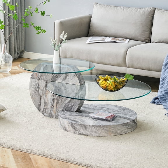 Vanress 42" Glass Coffee Table, Round Coffee Table, Modern Double Layer Round Glass Coffee Table for Living Room, Grey